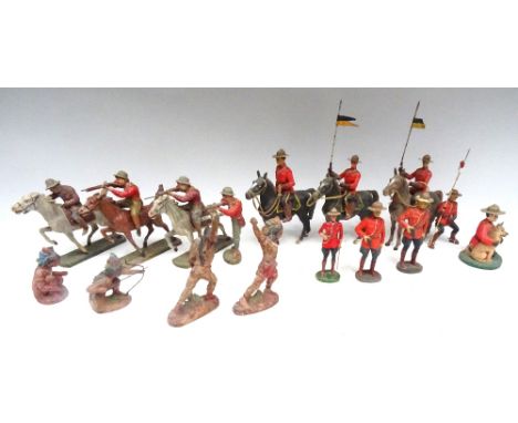 RCMP figures by Elastolin and others, 100mm scale with some Cowboys and Indians (Condition Very Good-Fair, one horse and some