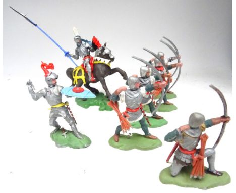 Britains Swoppet Knights one mounted, one on foot and four Longbowmen, with a kneeling bowman, three Power Knights, two medie