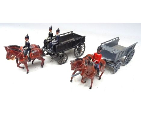 Britains set 146, Royal Army Supply Corps two-horse wagon fumed metal finish, light harness, with two seated men (Condition V