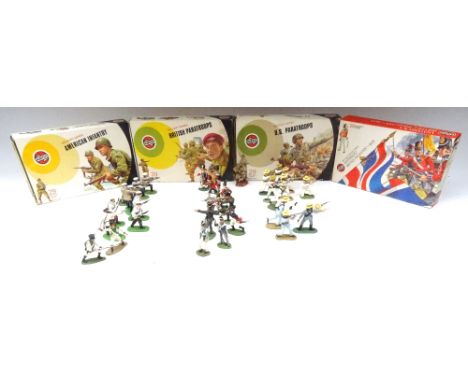 Various painted Plastics Russians, Cubans, Napoleonics, and four boxes of Airfix 1/32 scale: British Waterloo Infantry, US an