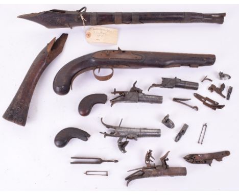 4x Antique Pistols, all in need of restoration, including turn off barrel pocket pistol by Beckwith London; another pocket pi