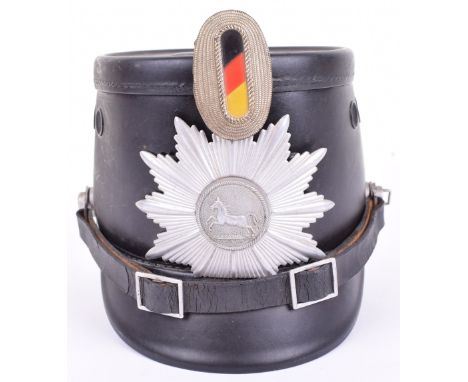 Hanover Police Shako, fibre body shell with white metal two piece helmet plate to the centre with Hanover horse. Cockade with