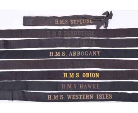 8x Royal Navy Cap Tallies, mostly being early examples with full stop after ships name. Tallies for HMS Western Isles, HMS Ne