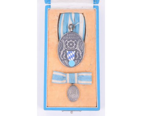 Third Reich Period Bavarian 25 Year Industrial Service Medal, fine example with blue and white enamel centre shield and swast