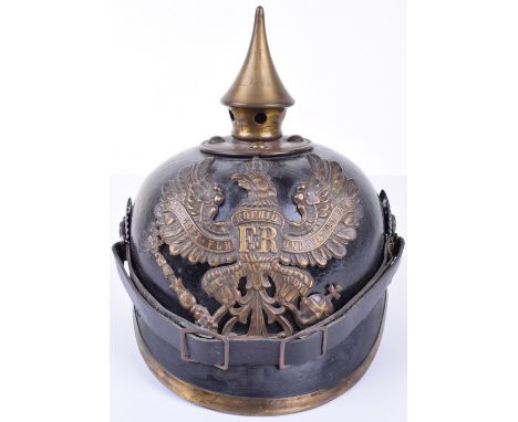 WW1 Prussian Other Ranks Pickelhaube, leather shell with brass front trim, Prussian other ranks helmet plate to the centre, b