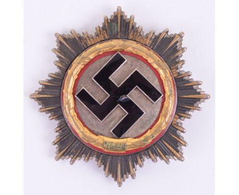 Third Reich German Cross in Gold (Deutsche Kreuz) Six Rivet Variation by Deschler & Sohn, fine example of the silvered eight 