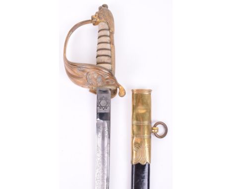 1827 Pattern Royal Navy Officers Sword, being a post 1902 example with gilt metal dish guard having crowned anchor to the cen