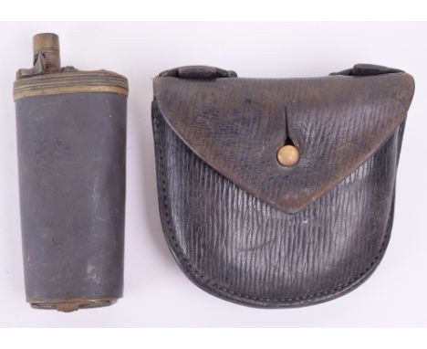 Antique Three Way Powder Flask, copper body with brass slide moveable base, swivel ball trap, brass top. Some dents and wear 