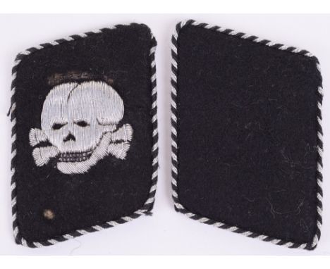 SS-Totenkopfverbande Collar Patches, bullion embroidered skull on black cloth collar patch with aluminium wire and black clot