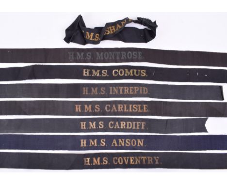8x Royal Navy Cap Tallies, most being the early types with full stops after the ships name. Tallies for HMS Coventry, HMS Car