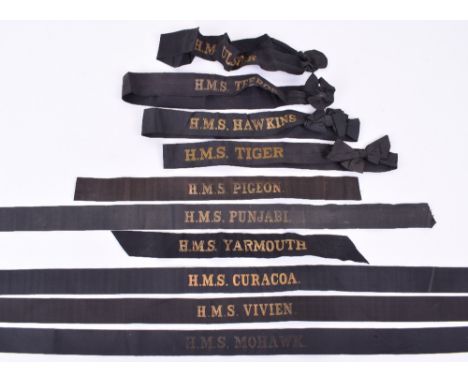 10x Royal Navy Cap Tallies, most being the early types with full stops after the ships name. Tallies for HMS Vivien, HMS Cura