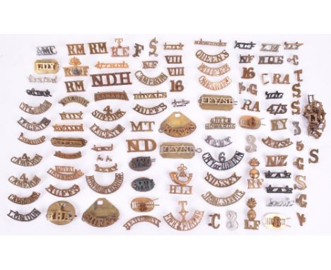 Large Quantity of Regimental Shoulder Titles, including brass T/Y/FIFE & FORFAR, brass 4/CAMERON, brass MT, brass large N.D.H