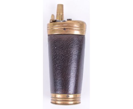 Fine Quality Three Way Powder Flask, brass body with screw off base, swivel ball trap, the body wrapped in brown / burgundy l