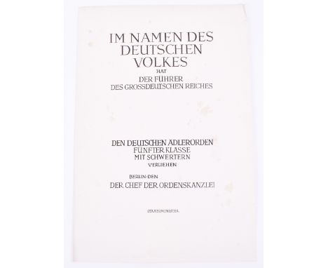 Formal Citation for the Eagle Order 5th Class with Swords, blank un-issued example of the printed citation for the award with