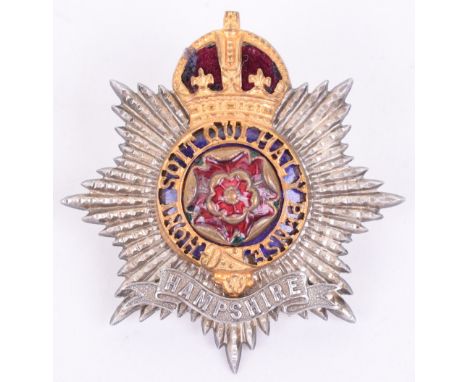 WW2 Hampshire Regiment Officers Silver Gilt and Enamel Cap Badge, fine example with J R Gaunt makers stamp to the backing pla