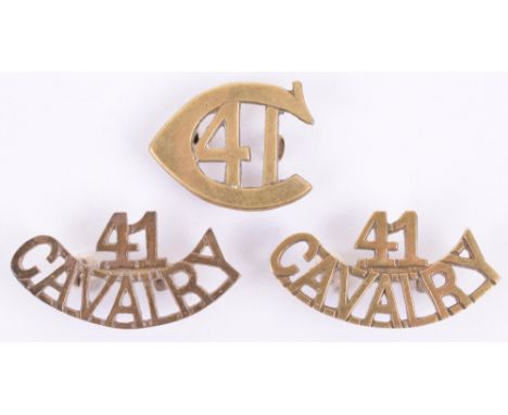 Rare Indian Army 41st Cavalry Headdress Badge and Shoulder Titles, sheet brass headdress badge in the form of a C with 41 wit