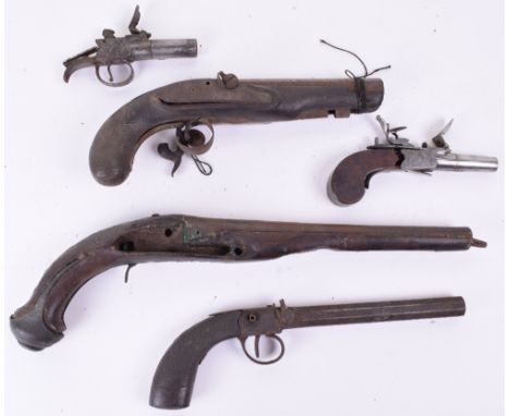 5x Antique Pistols, all in need of restoration, including pocket pistol by Ketland & Co, London, Percussion travelling pistol