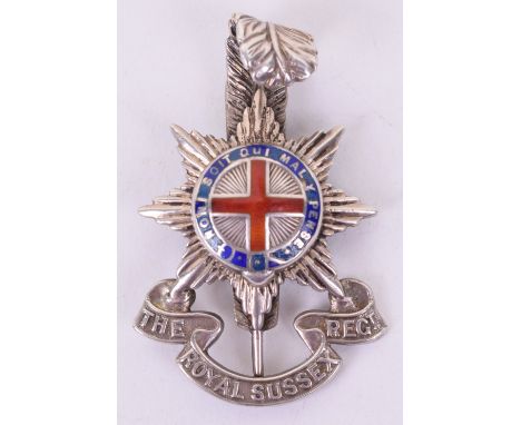 Hallmarked Silver and Enamel Royal Sussex Regiment Officers Cap Badge, fine quality example made by J R Gaunt & Son and with 