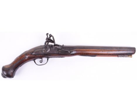 18th /19th Century Eastern Flintlock Pistol, made with continental fittings. Woodwork having brass plate to the reverse. East