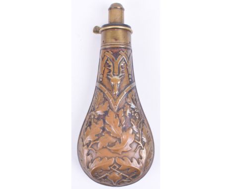 Antique Copper and Brass Powder Flask by G & J W Hawksley Sheffield, with Deer and Foxes head relief pattern. Stamped with ma