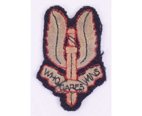 Special Air Service (S.A.S) Beret Badge, embroidered example of the famous winged dagger badge with motto “WHO DARES WINS” in