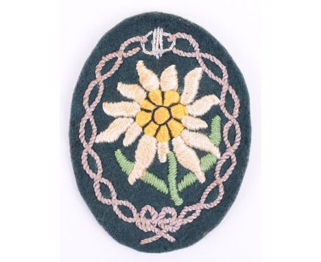 WW2 German Army Mountain Troopers Officers Edelweiss Arm Badge, fine quality private purchase officers embroidered tunic arm 