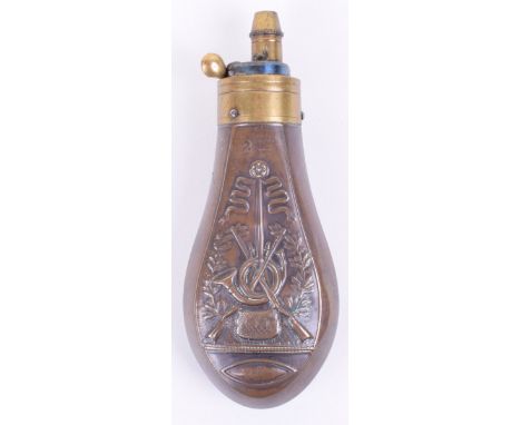 Antique Copper and Brass Pistol Flask by J N N Paris, French horn and crossed rifles relief to the body of the flask. Bottom 