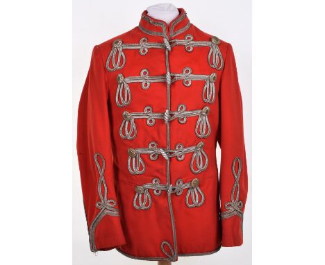 Imperial German Hussar Regiment No5 Tunic (Attila), madder red cloth body with silvered white braid frogging to the front and