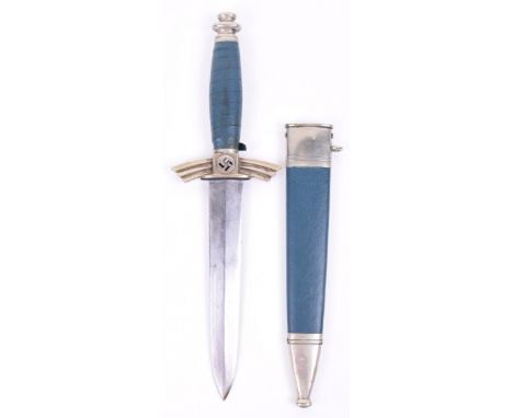 Third Reich NSFK Flyers Dagger, being the early type with nickel silver top pommel, cross guard with black enamel swastika an