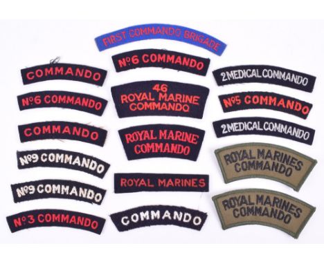British Commando Cloth Shoulder Titles, consisting of miss-matched pair of embroidered red on navy blue COMMANDO; embroidered