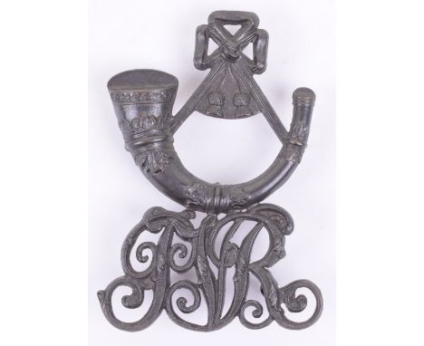 Pontefract Volunteer Rifles Pouch Badge, blackened brass example of the strung bugle above PVR in gothic script. Four lug fit