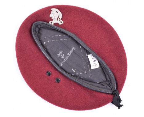 1945 British Airborne Forces Beret, fine example of the Maroon beret issued to the British Airborne forces, having leather tr