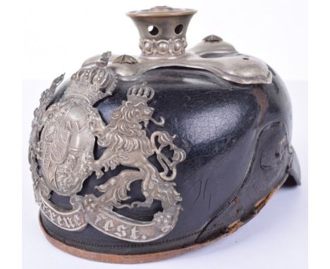 Bavarian Heavy Cavalry Officers Pickelhaube, being leather shell with scarce white metal officers Bavarian helmet plate to th