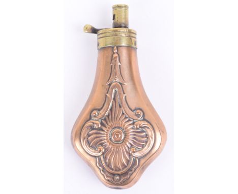 Antique Copper and Brass Pistol Flask by Dixons & Son, fine classical design with brass top, makers stamp to the brass. Some 