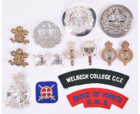 Badges and Insignia of Military Schools, including pair of heavy brass collar badges in the form of Prince of Wales plumes st