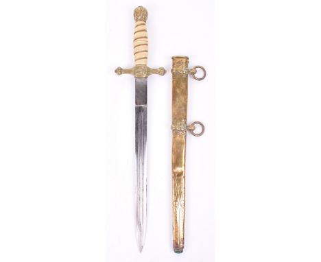 German Reichsmarine 1st Model Naval Officers Dress Dagger, with gilt metal flamed top pommel, white celluloid grip with wire 