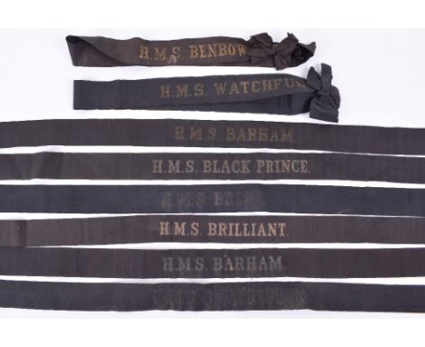8x Royal Navy Cap Tallies, most being early types with full stops after the ships name. Tallies for HMS Bellerophon, HMS Barh