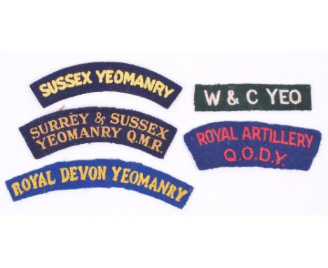 5x Royal Artillery / Yeomanry Cloth Shoulder Titles, consisting of Royal Artillery Queens Own Dorset Yeomanry (294th Field Re