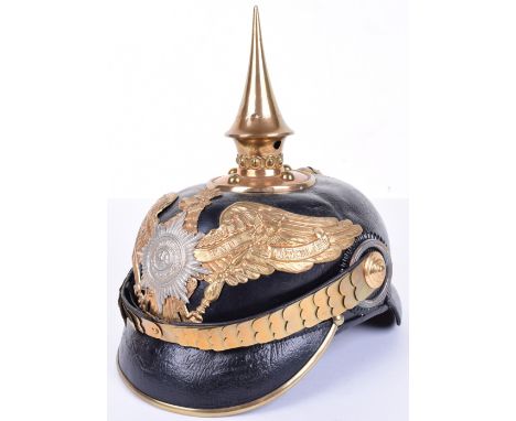 Imperial German Prussian Garde NCO’s / 1 Year Volunteers Pickelhaube, black leather shell with brass front trim, Prussian Gar