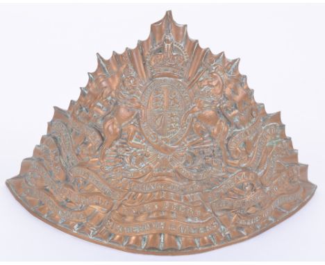 Post 1902 16th (Queens Own) Lancers Other Ranks Lance Helmet Plate, brass example with crowned Royal Arms and battle honours 