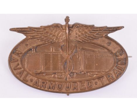 Rare Great War Royal Naval Armoured Trains Cap Badge, bronzed oval badge with “NAVAL ARMOURED TRAINS” to the outer, centre wi