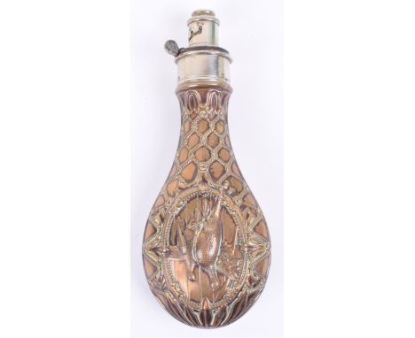 Antique Copper and Silvered Powder Flask by G & J W Hawksley Sheffield, with hanging game design to the body of the flask. Ma