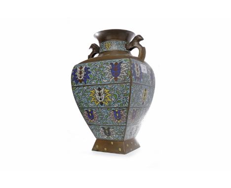 UNUSUAL CHINESE CLOISONNE VASE OF SQUARE TAPERED FORMwith circular trumpet neck, squared flaring foot and with six registers 