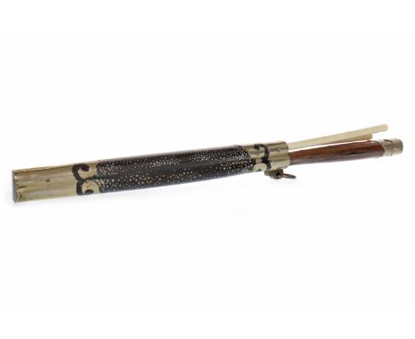 EARLY 20TH CENTURY CHINESE WHITE METAL AND LACQUERED CHOPSTICK SETfitted with a wooden handled knife and two chopsticks