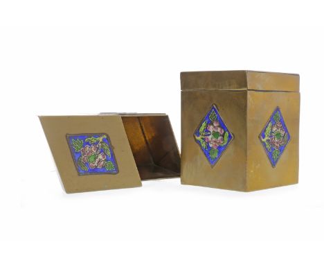 PAIR OF 20TH CENTURY CHINESE BRASS DIAMOND SHAPED BOXESwith lids, with coloured enamel panels of flowers, 8.5cm high 