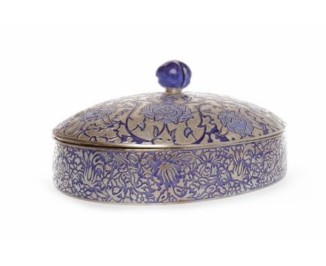 20TH CENTURY KOREAN SILVER AND ENAMEL LIDDED DISHof oval form and with ceramic handle, the domed lid and sides enamelled in s