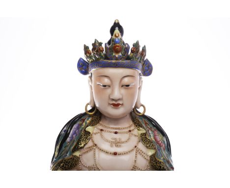 20TH CENTURY CHINESE POLYCHROME BUDDHA ON STAND the seated crowned figure modelled with legs crossed and with elaborate neckl