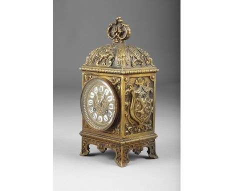 Continental brass cased mantel clock, eight day movement striking on a bell 30cm high