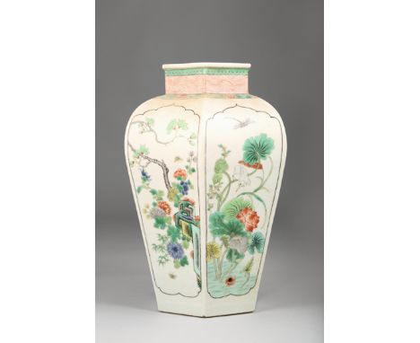 19th/20th Century Chinese vase, baluster form with faceted sides decorated with flowering plants, birds and insects, six char