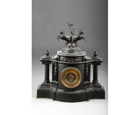 A Victorian black slate clock garniture set, black slate clock below spelter Roman chariot with three horses. The garnitures 
